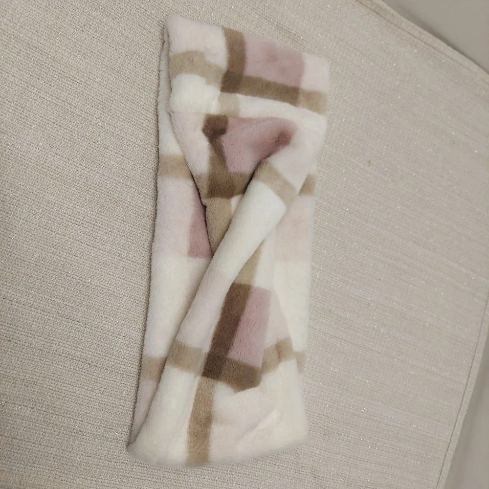 Plaid Infinity Scarf Pink Cream Taupe Twist Loop Faux Fur Neck Warmer